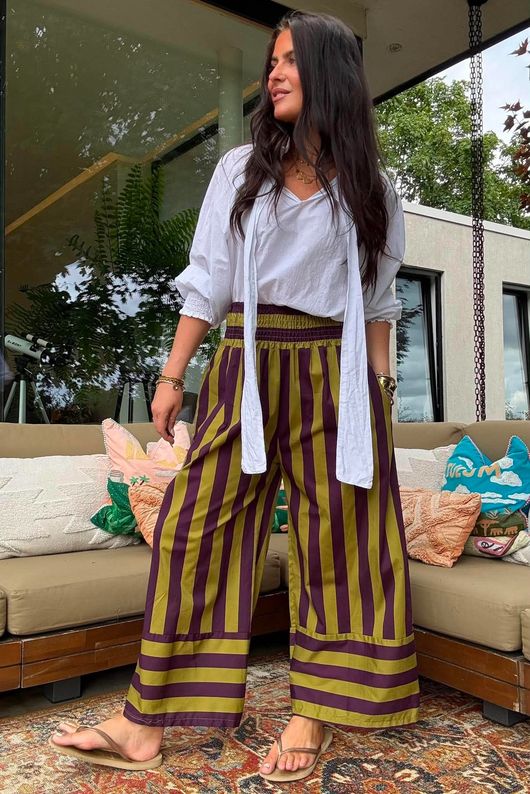 Bloc Stripe Wide Leg Pant Aubergine & Olive